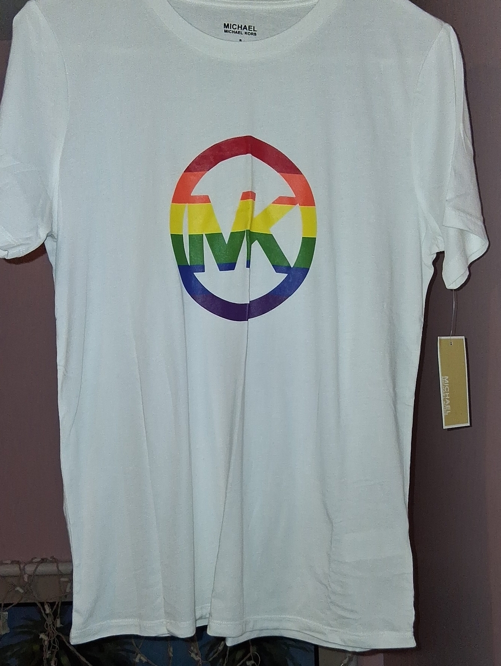 Michael Kors White Short Sleeve Tee with Rainbow MK Logo